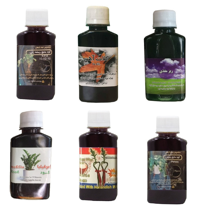 کود مایع فسفر ریشه زایی 10-52-10 و کلات آهن و ریز مغذی و کود زاموفیلیا و کود بامبو و کود پتوس مدل life drop حجم 120 میلی لیتر