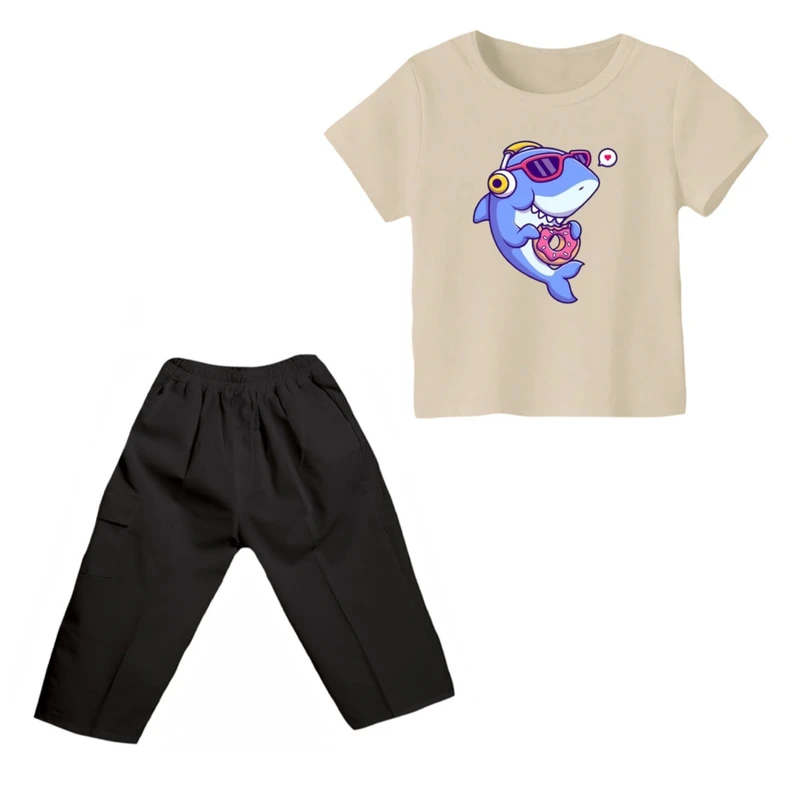 ست تی شرت و شلوارک پسرانه مدل کوسه کد ۳