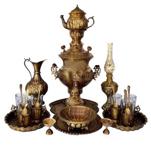سرویس سماور ذغالی 12 پارچه برنجی مدل توپی کد 21566