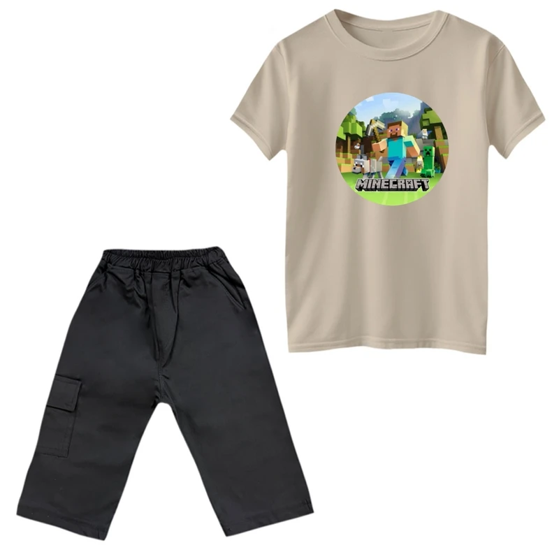 ست تی‌شرت و شلوارک پسرانه مدل ماینکرفت کد 3 رنگ کرم 