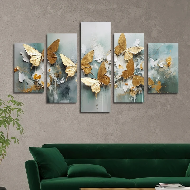 تابلو شاسی بکلیت طرح نقاشی رنگ روغن پروانه طلایی مدل SH-2493 مجموعه 5 عددی