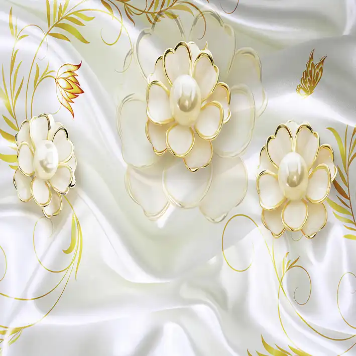 پوستر دیواری سه بعدی مدل گل سفید مرواریدی لبه طلایی DRVF1169