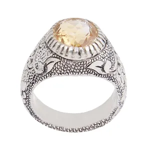 انگشتر نقره مردانه بازرگانی میلادی مدل سنگ سیترین رکاب دست ساز قلم زنی کد AM_2513