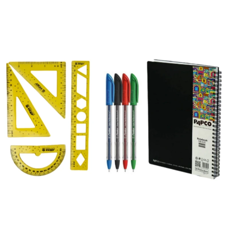 دفتر مشق 100 برگ پاپکو مدل 620 به همراه خودکار و خط کش بسته 9 عددی