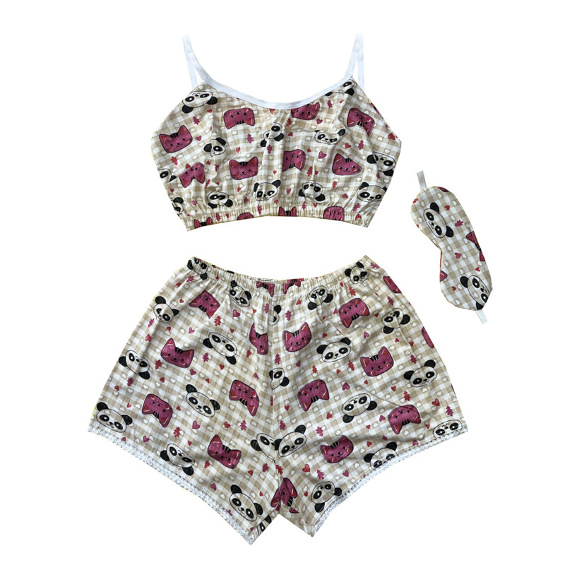 ست نیم تنه و شلوارک زنانه مدل گربه و پاندا به همراه چشم بند