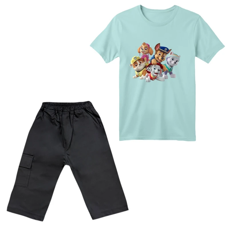 ست تی‌شرت آستین کوتاه و شلوارک پسرانه مدل سگ نگهبان کد 4 رنگ آبی روشن