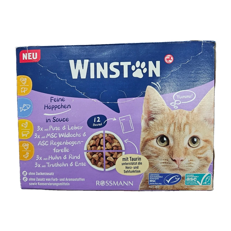 پوچ گربه بالغ وینستون مدل مولتی پک طعم ماهی، بوقلمون، اردک، گوشت گاو، مرغ وزن 1200 گرم