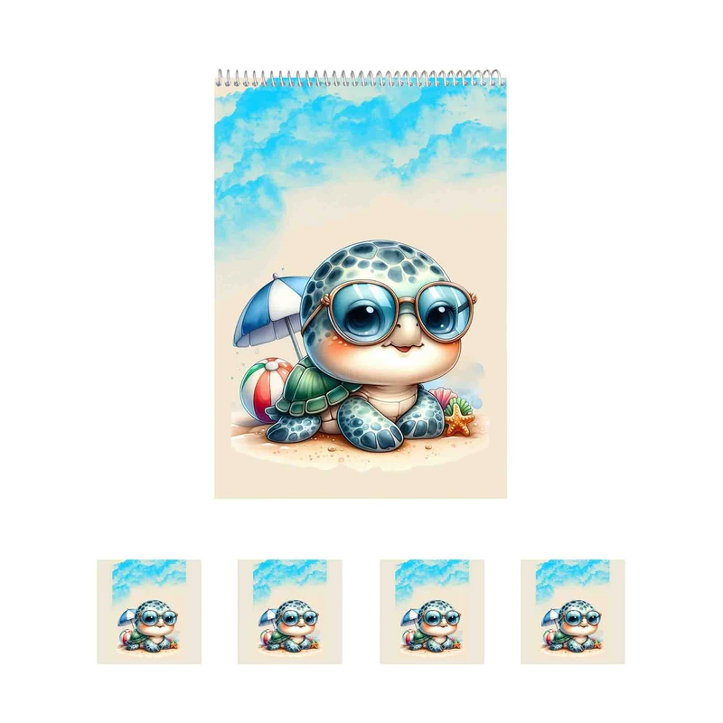 دفتر نقاشی 50 برگ مدل لاک پشت کیوت کد A1 به همراه برچسب مجموعه 5 عددی