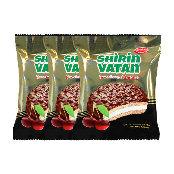 بیسکویت کرم دار آلبالویی شیرین وطن- 35 گرم بسته 3 عددی