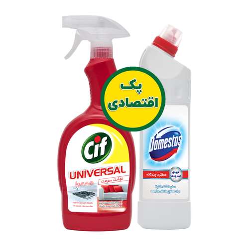 اسپری پاک کننده چند منظوره سطوح سیف مدل Universal حجم 750 میلی لیتر به همراه مایع سفید کننده غلیظ دامستوس