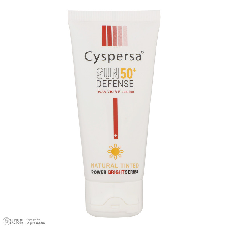 کرم ضد آفتاب رنگی سیسپرسا، SPF50، مدل Power Bright NT، مناسب انواع پوست تنالیته رنگ متوسط و حجم 50 میلی‌لیتر، ‌محافظت کننده در برابر اشعه UVA،IRو UVB، دارای بافت سبک و جذب سریع، روشن‌کننده، آبرسان، ضد لک، با ماندگاری 2 ساعته