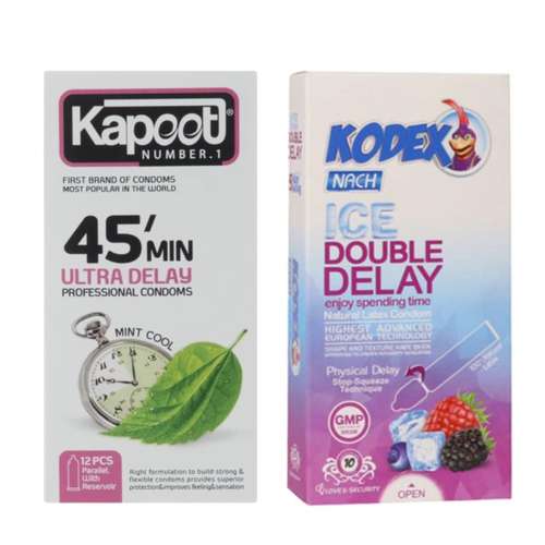کاندوم تاخیری کاپوت مدل 45MIN بسته 12 عددی به همراه کاندوم تاخیری کدکس مدل ICE DOUBLE DELAY بسته 10 عددی