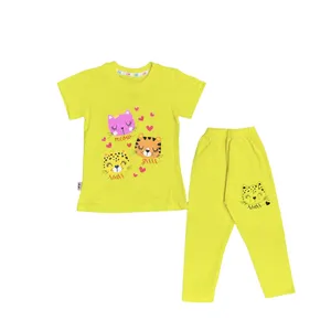 ست تی شرت و شلوار دخترانه مدل گربه رنگ زرد