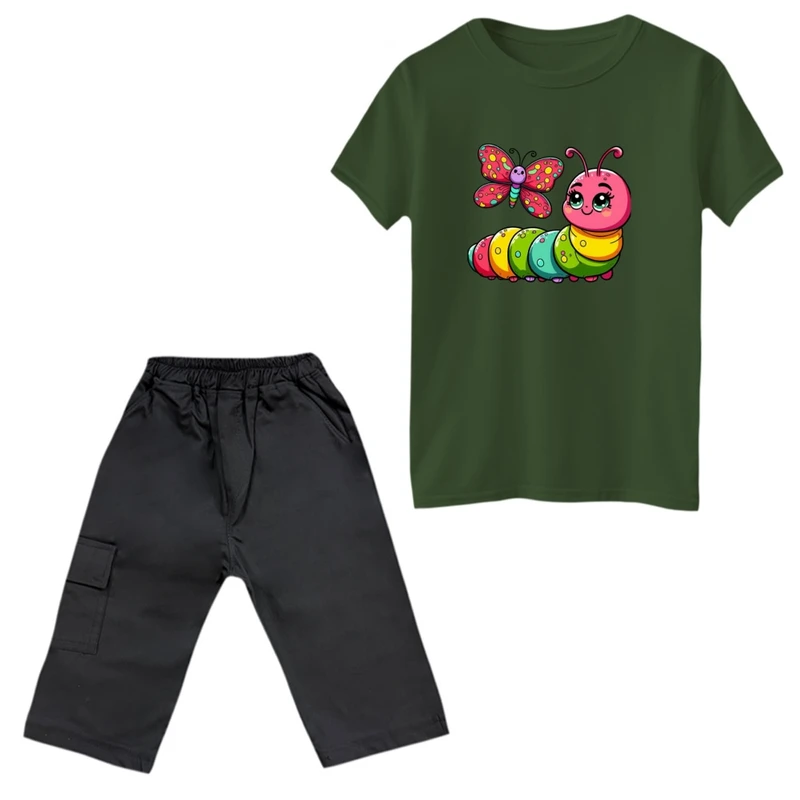 ست تی‌شرت و شلوارک دخترانه مدل کرم ابریشم رنگ یشمی 