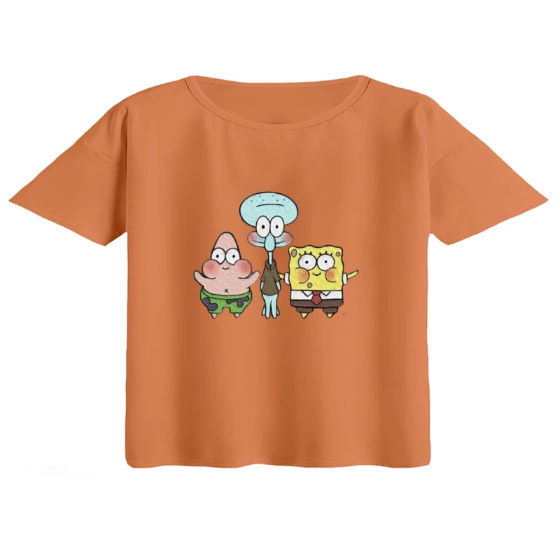 کراپ تی‌شرت آستین کوتاه زنانه مدل باب اسفنجی و دوستان