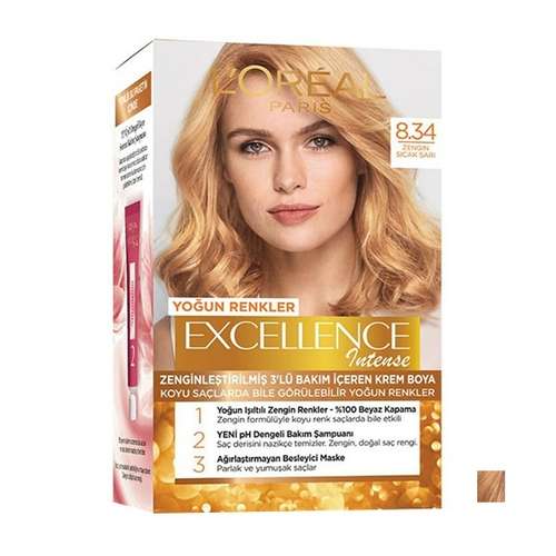 کیت رنگ مو لورآل سری Excellence شماره 8.34 حجم 48 میلی لیتر رنگ مسی عسلی روشن