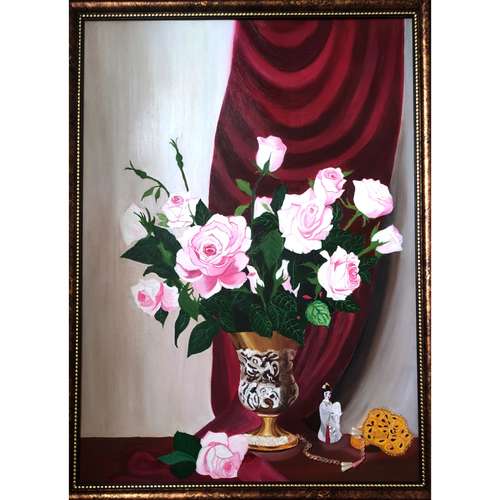 تابلو نقاشی رنگ روغن طرح گلدان گل کد 1