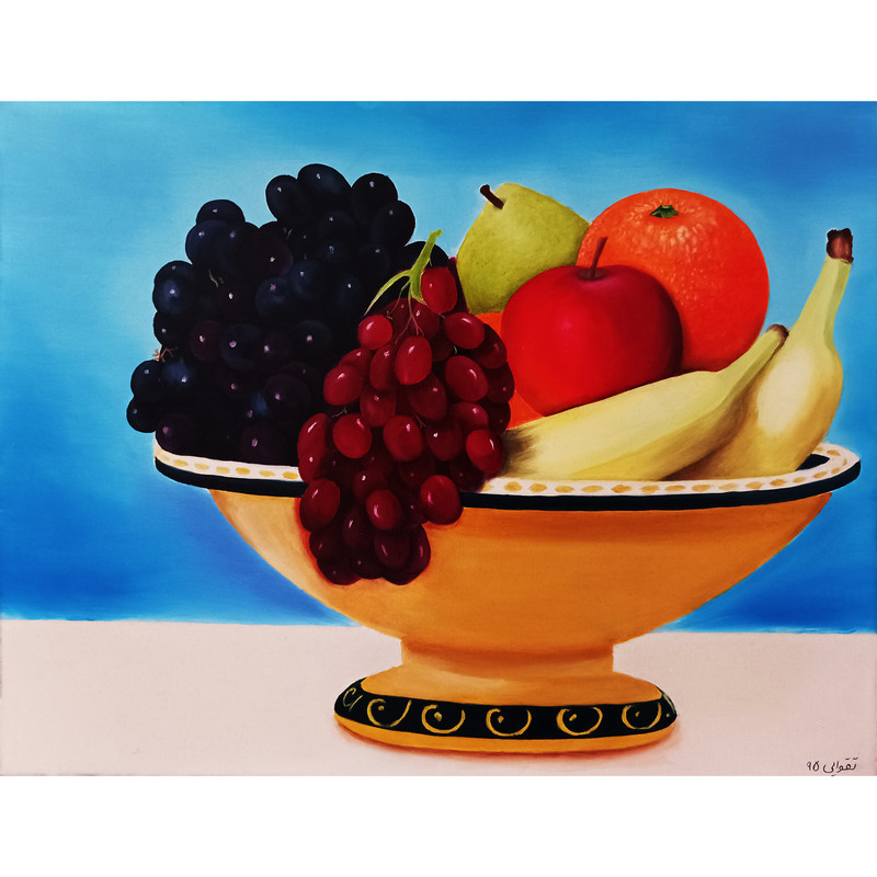 تابلو نقاشی رنگ روغن طرح ظرف میوه مدل طبیعت بی جان 2