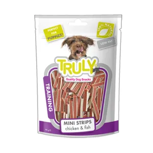 تشویقی سگ ترولی مدل chicken & fish mini strips  وزن 90 گرم