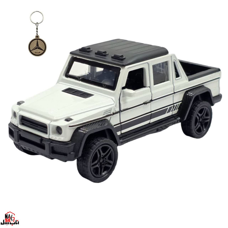 ماکت ماشین فلزی وانت بنز جی کلاس ناب سل مدل MERCEDES BENZ G-CLASS عقبکش، چراغدار و موزیکال با در و صندوق بازشو به‌همراه جاسوییچی
