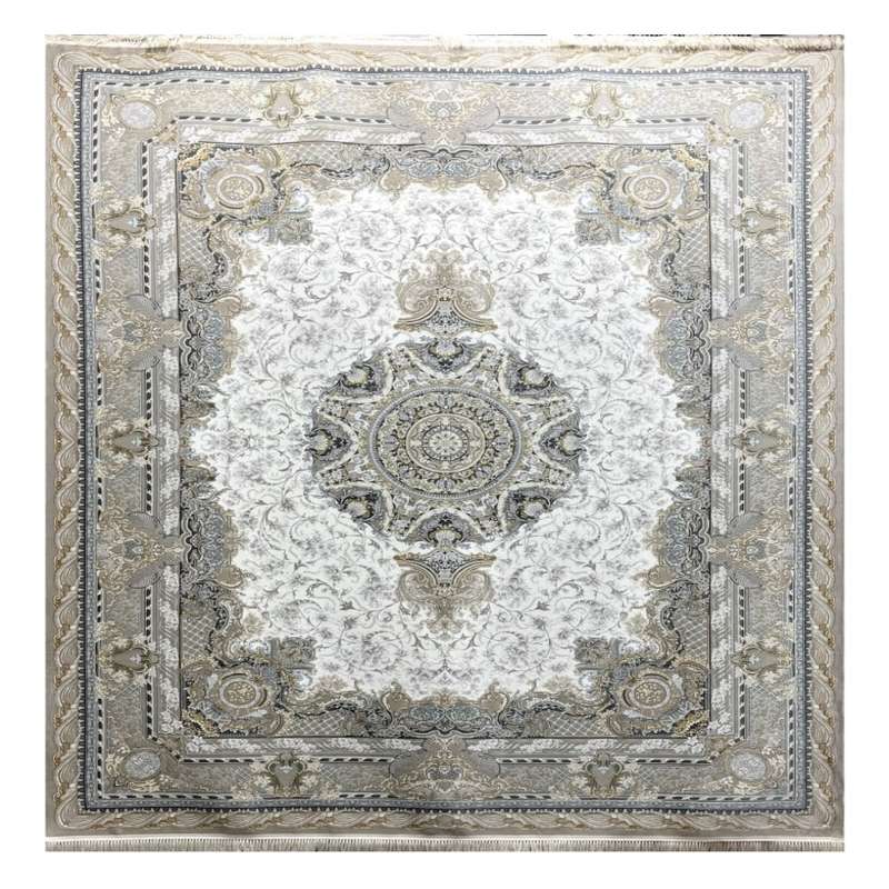 فرش ماشینی 1200 شانه زمینه کرم حاشیه طوسی مدل اوراشی