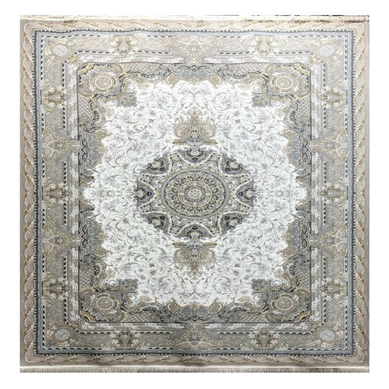 فرش ماشینی 1200 شانه زمینه کرم حاشیه طوسی مدل اوراشی