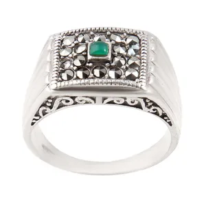 انگشتر نقره مردانه بازرگانی میلادی مدل سنگ عقیق یمنی رکاب دست سیاه قلم کد AM_2166