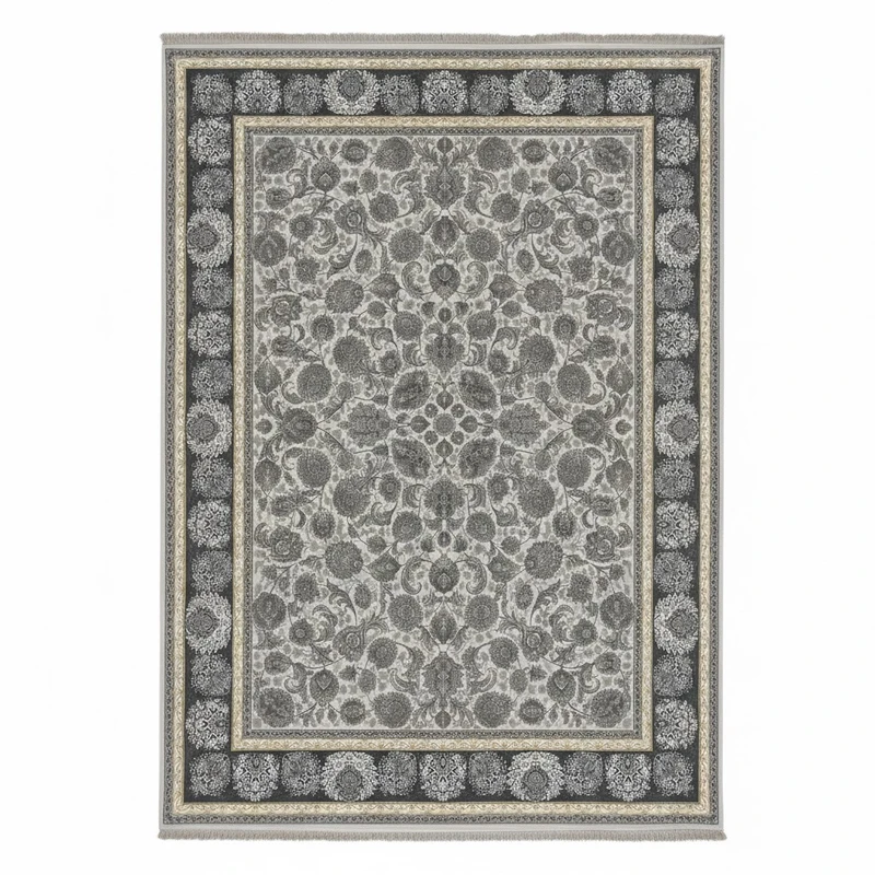 فرش ماشینی 1200 شانه زمینه طوسی حاشیه دودی مدل افشان نئوکلاسیک اکریلیک