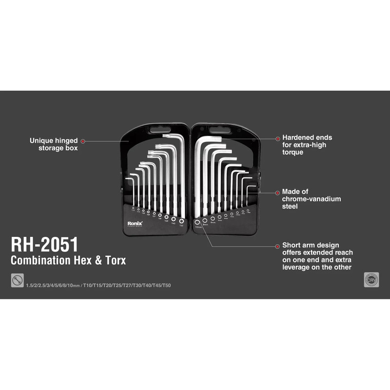 آچار آلن و ستاره ای رونیکس مدل 2051HEX-KEY مجموعه 18 عددی