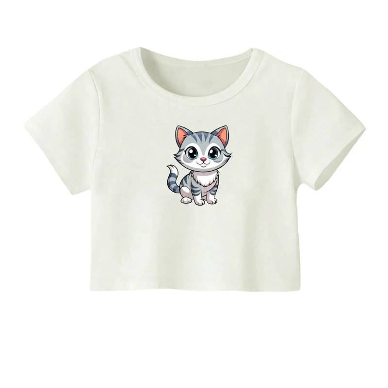 کراپ‌ تی‌شرت آستین کوتاه زنانه مدل گربه کد 01