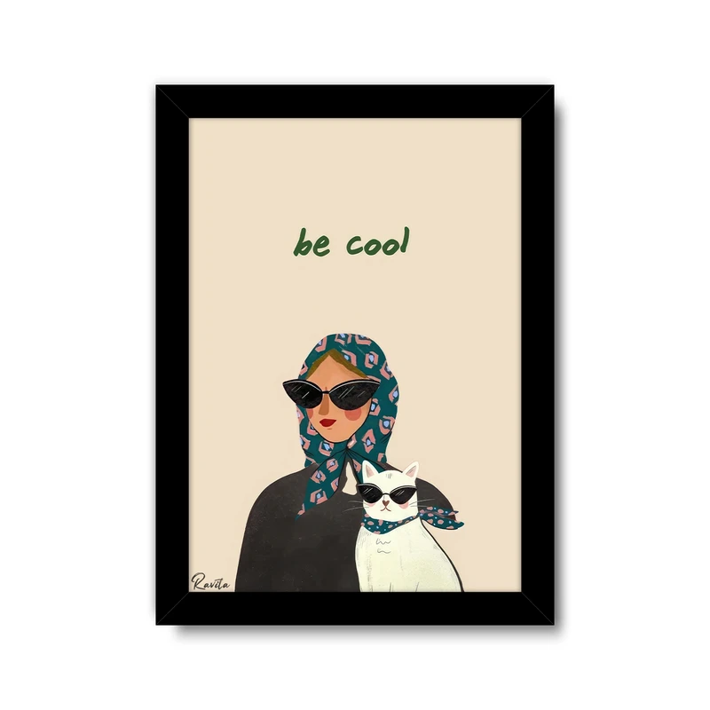 تابلو راویتا طرح دختر و گربه کد 3679 فریم مشکی