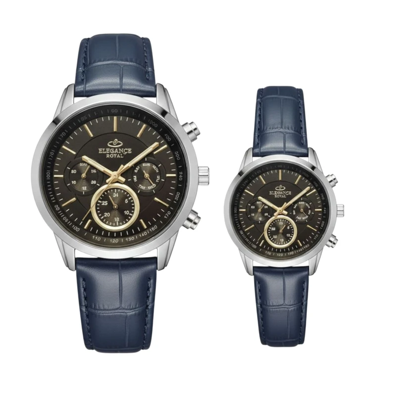 ست ساعت مچی عقربه‌ای کوارتز زنانه و مردانه الگانس مدل بند چرمی کد nls-1079