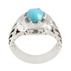 انگشتر نقره مردانه بازرگانی میلادی مدل سنگ فیروزه طبیعی نیشابور رکاب دست ساز سیاه قلم کد AM_1634