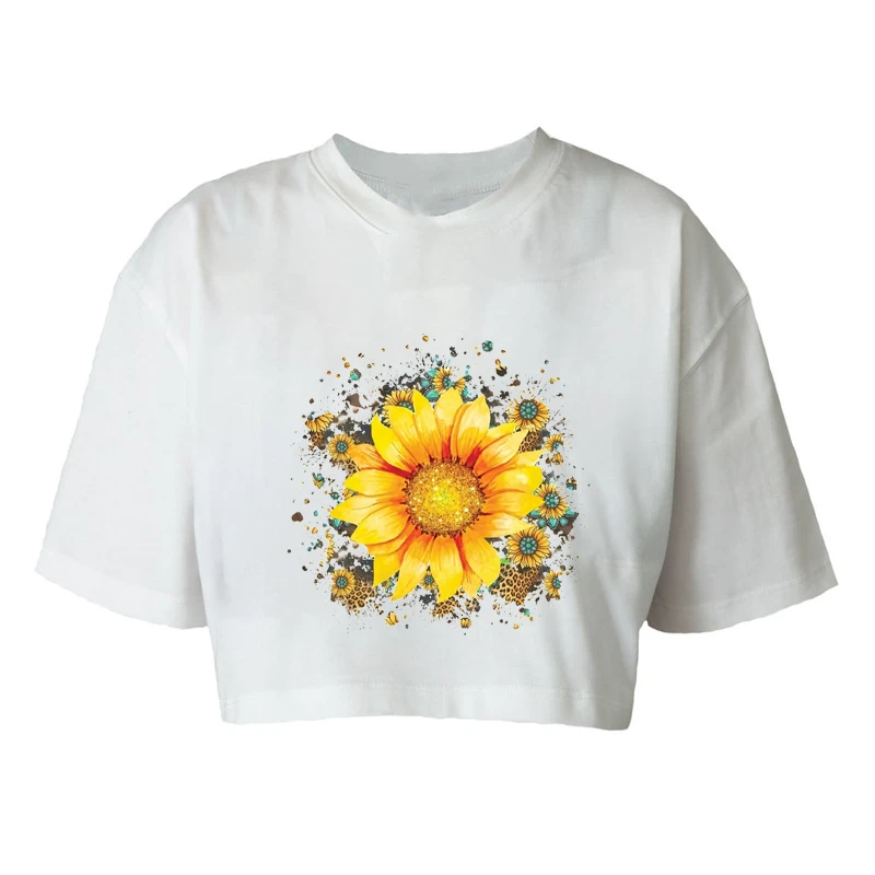 کراپ‌تاپ آستین کوتاه زنانه مدل c466 طرح آفتاب گردان