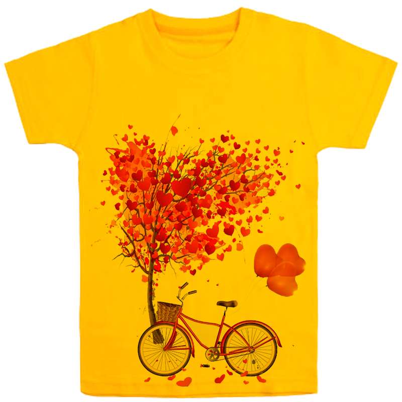 تی شرت آستین کوتاه دخترانه مدل درخت قلبی F18 رنگ زرد