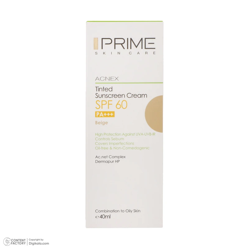 عکس شماره 11 : کرم ضدآفتاب رنگی پرایم مدل acnex beige spf60، مناسب پوست-های چرب، حجم 40 میلی-لیتر