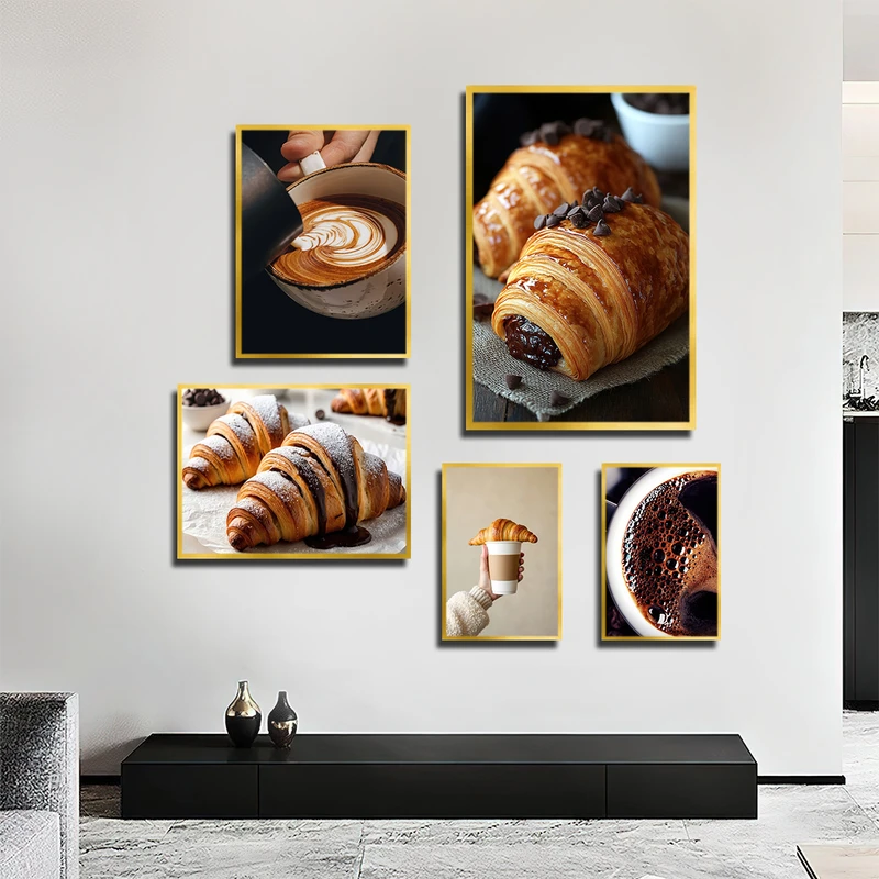 تابلو بکلیت طرح کافه و رستوران کروسان شکلاتی مدل T-3790 فریم طلایی مجموعه 5 عددی