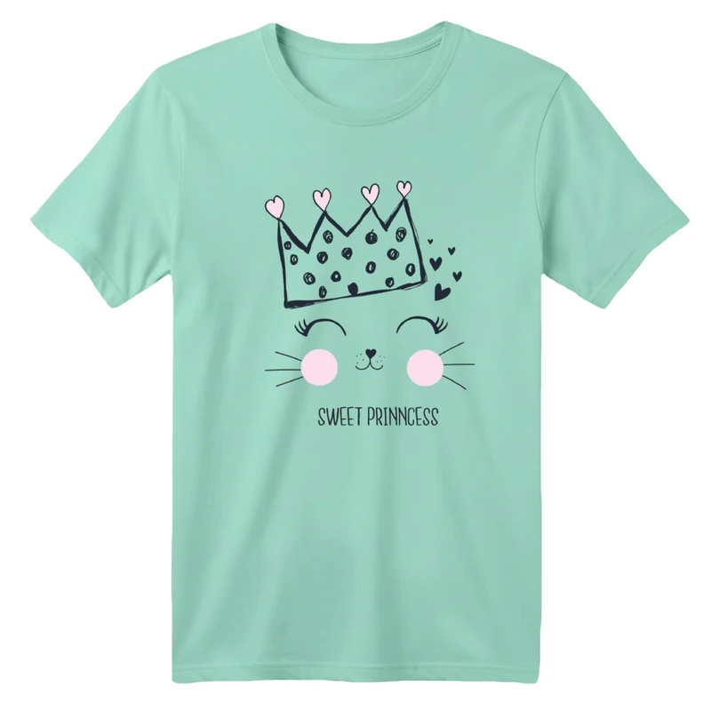 تی شرت آستین کوتاه بچگانه مدل گربه و تاج رنگ سبز روشن