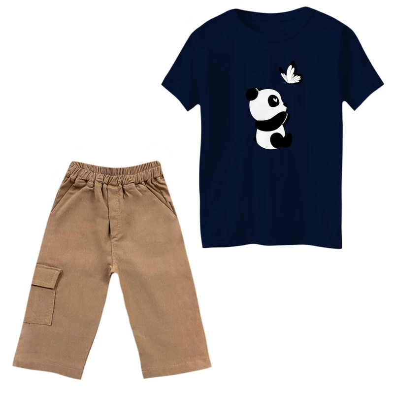 ست تی‌شرت و شلوارک پسرانه مدل پاندا و پروانه رنگ سورمه ای