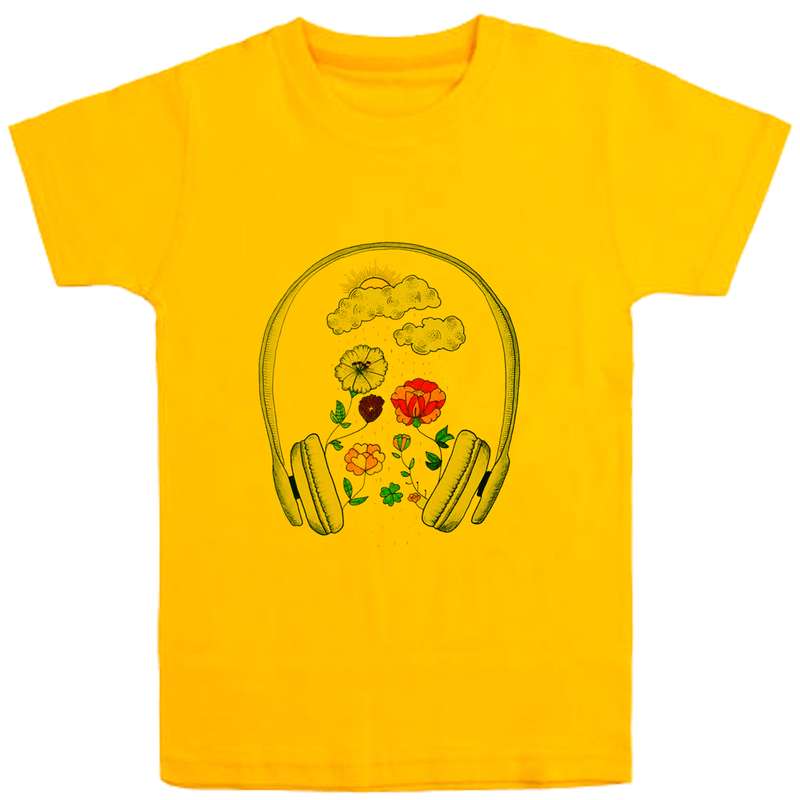 تی شرت آستین کوتاه دخترانه مدل هدفون وگل D80 رنگ زرد