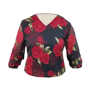 بلوز آستین سه ربع زنانه مدل گل رز