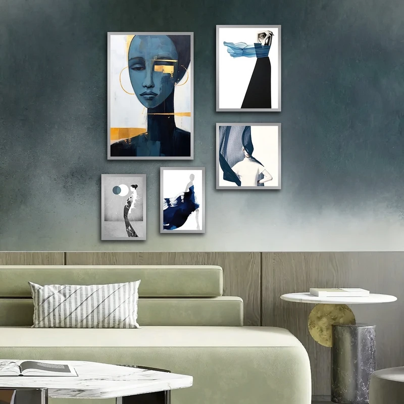 تابلو ساده بکلیت طرح مدرن نقاشی مینیمال مدل شاین اکلیلی SI-2703 فریم نقره ای مجموعه 5 عددی