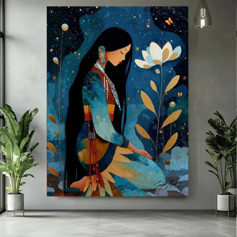 پوستر پارچه ای طرح مخمل بانوی سرخپوست مدل شب پر ستاره کد BK25020