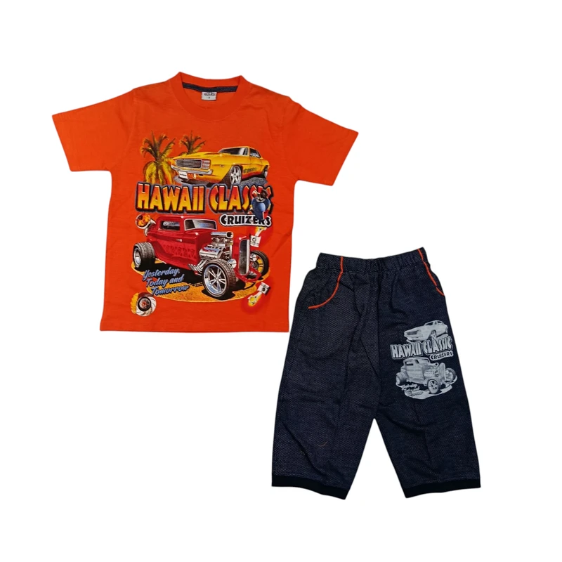 ست تی شرت و شلوارک پسرانه مدل ماشین مدل ASH1202 نارنجی