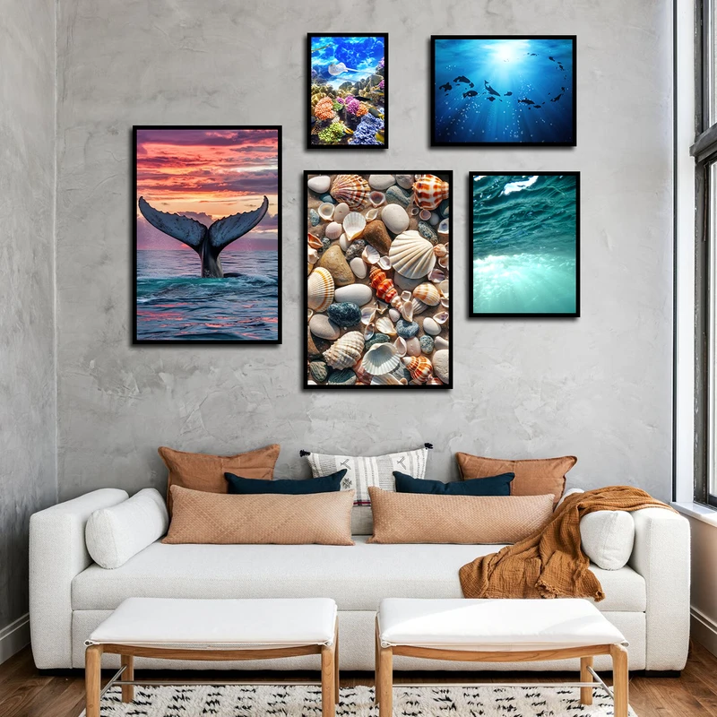 تابلو بکلیت طرح طبیعت اقیانوس و صدف مدل B-3261 فریم مشکی مجموعه 5 عددی