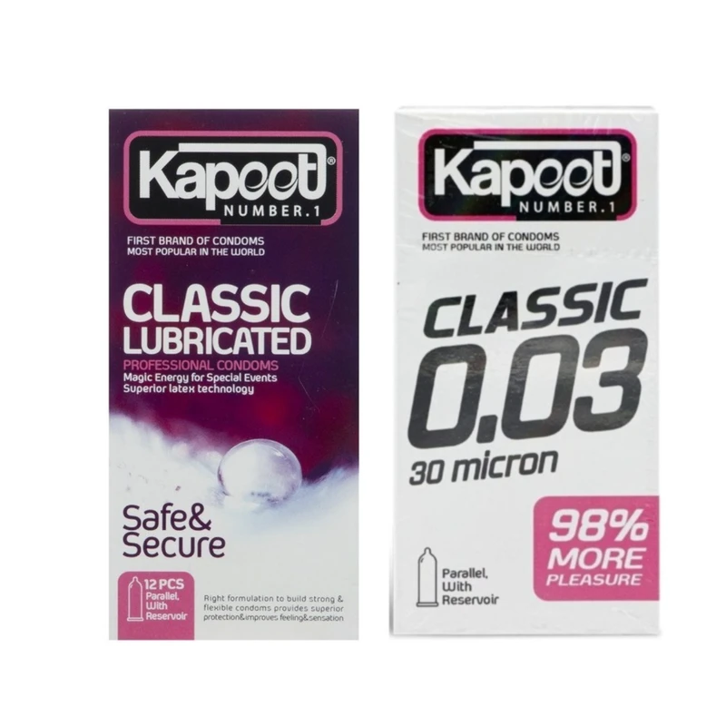 کاندوم کلاسیک کاپوت مدل 0.03 بسته 10 عددی به همراه کاندوم کلاسیک کاپوت مدل LUBRICATED بسته 12 عددی