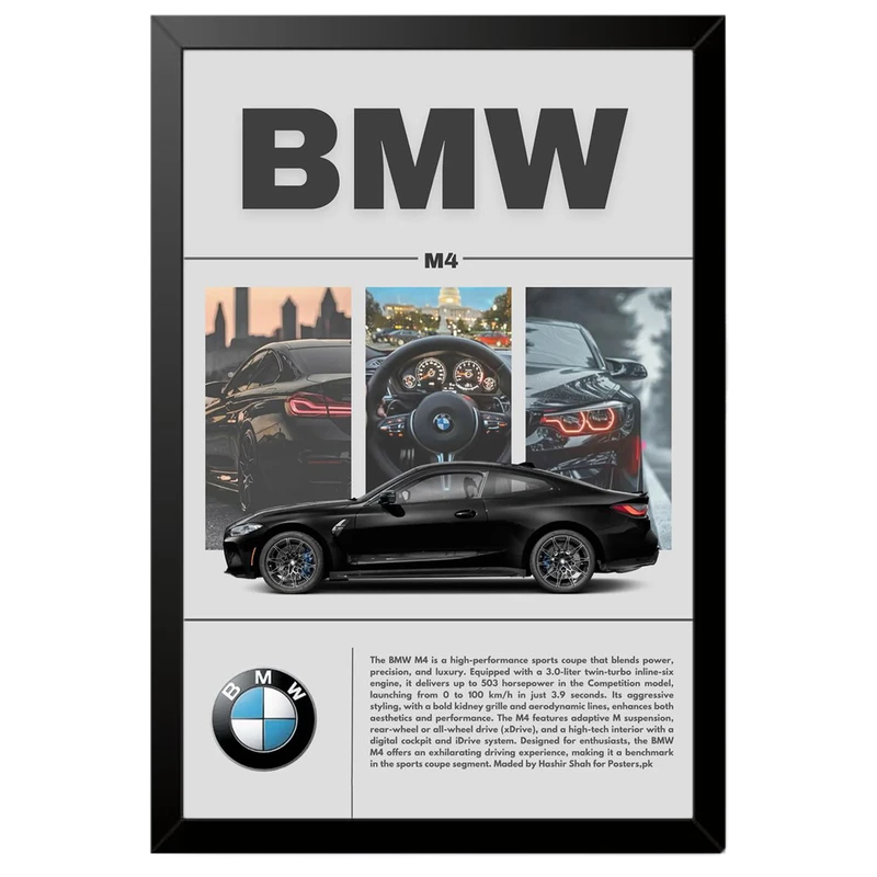 تابلو بکلیت طرح ماشین و خودرو بی ام و BMW M4 مدل B-po1882 فریم مشکی