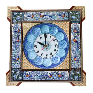 ساعت دیواری خاتم کاری مدل مربع گوشه دار طرح گل و مرغ برجسته کد Bl40d23-3f4-n2