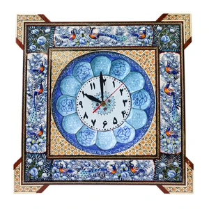 ساعت دیواری خاتم کاری مدل مربع گوشه دار طرح گل و مرغ برجسته کد Bl40d23-3f4-n2