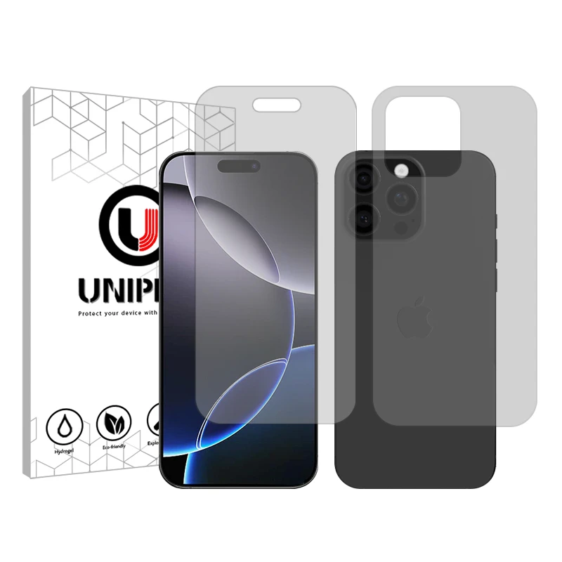 محافظ صفحه نمایش شفاف یونی پرو مدل Explosion Proof مناسب برای گوشی موبایل اپل iPhone 16 pro به همراه محافظ پشت گوشی